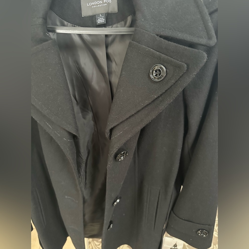London Fog Classic Black Lined Hooded Wool Coat - Picture 5 of 11